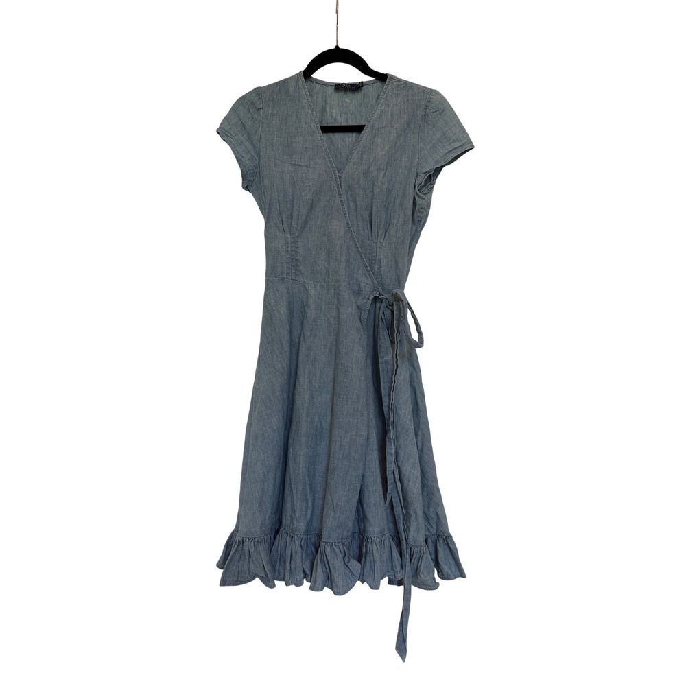 POLO RALPH LAUREN Women Dress Preppy Quiet Luxury Chambray Wrap Ruffle Size 2